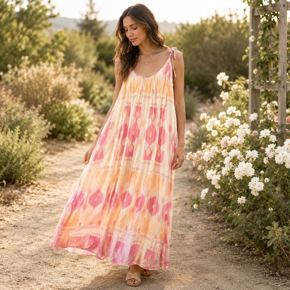 ZHRILL Boho Watercolor Tie Shoulder Maxi Dress Pink Peach Cream Size L/XL